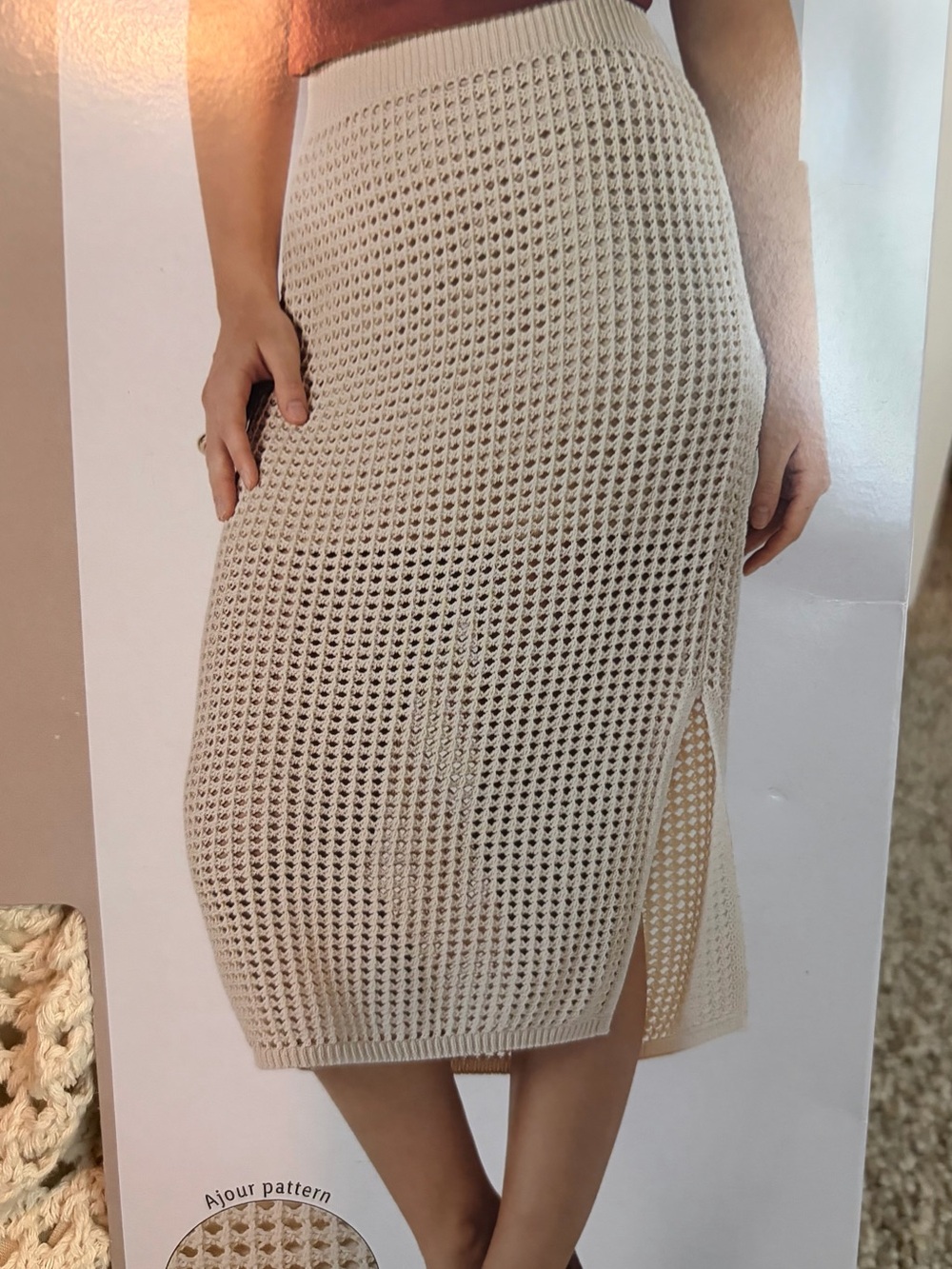 Beige Crochet Midi Skirt with Lining